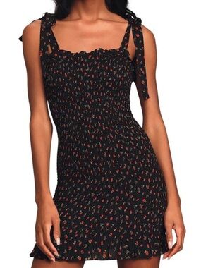 Intimately Free People Black & Rose Print Mini Dress Size Small Tie Straps